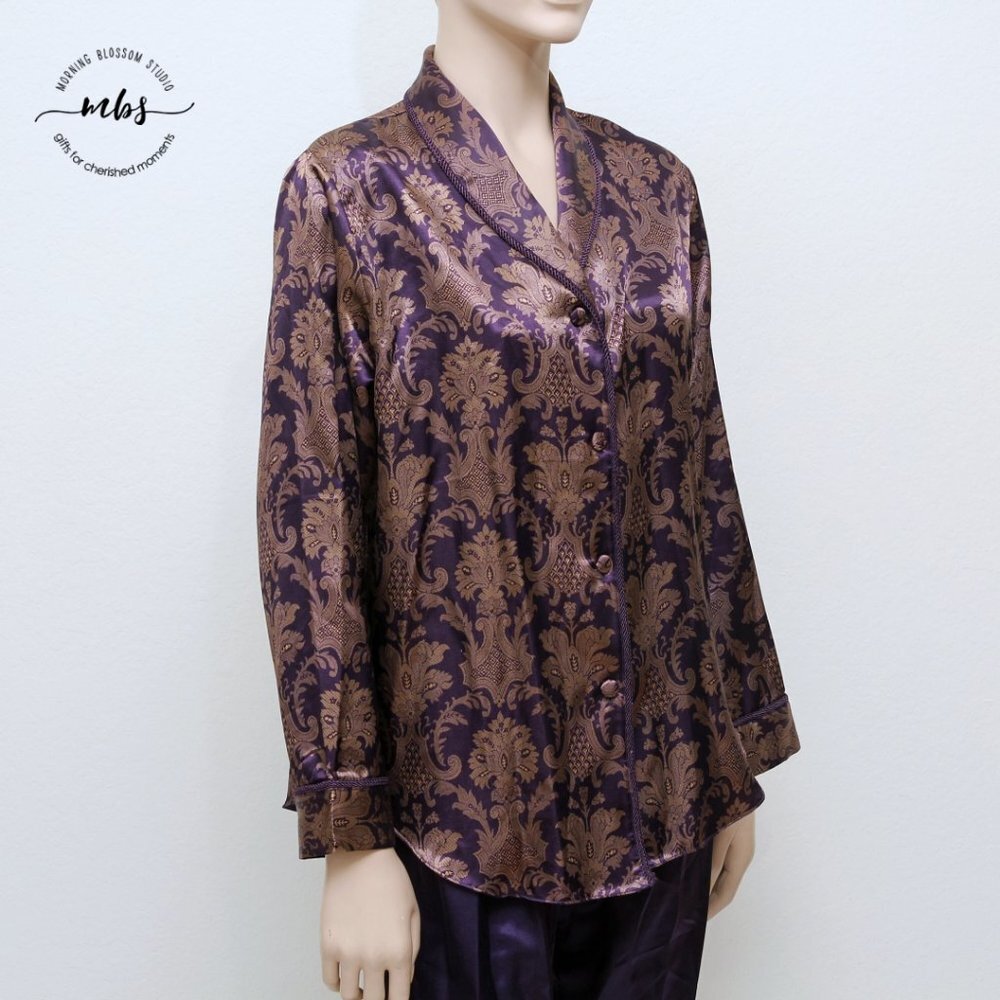 Design Studio Floral Brocade Pajama & Robe Set Tassel Tie Purple Golden Women S - Picture 7 of 16